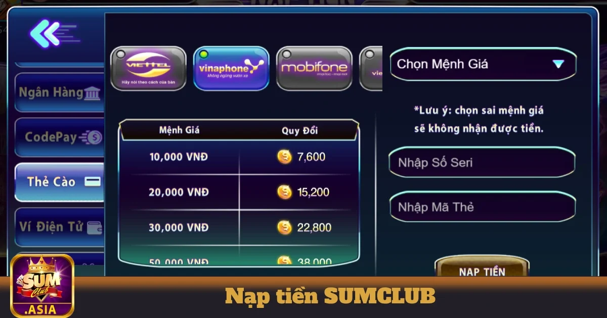 Nạp Tiền SUMCLUB - Quy Trình Thanh Toán Siêu Nhanh 2025 2 Nạp tiền qua thẻ điện thoại